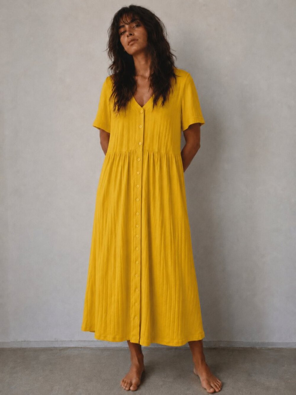 Vintage 90s Sunbelt Yellow Button Down Maxi Shirt Dress Womens Medium Oversized